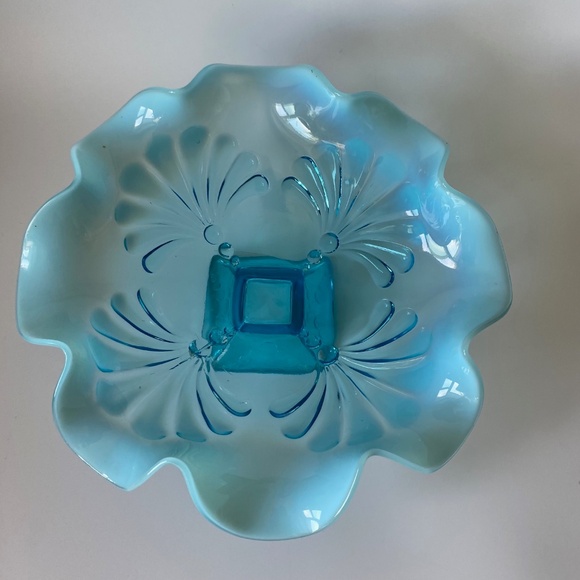 Antique Beaded Fans Blue Jefferson Glass Candy Dish Opalescent Circa  1905 - Picture 6 of 8
